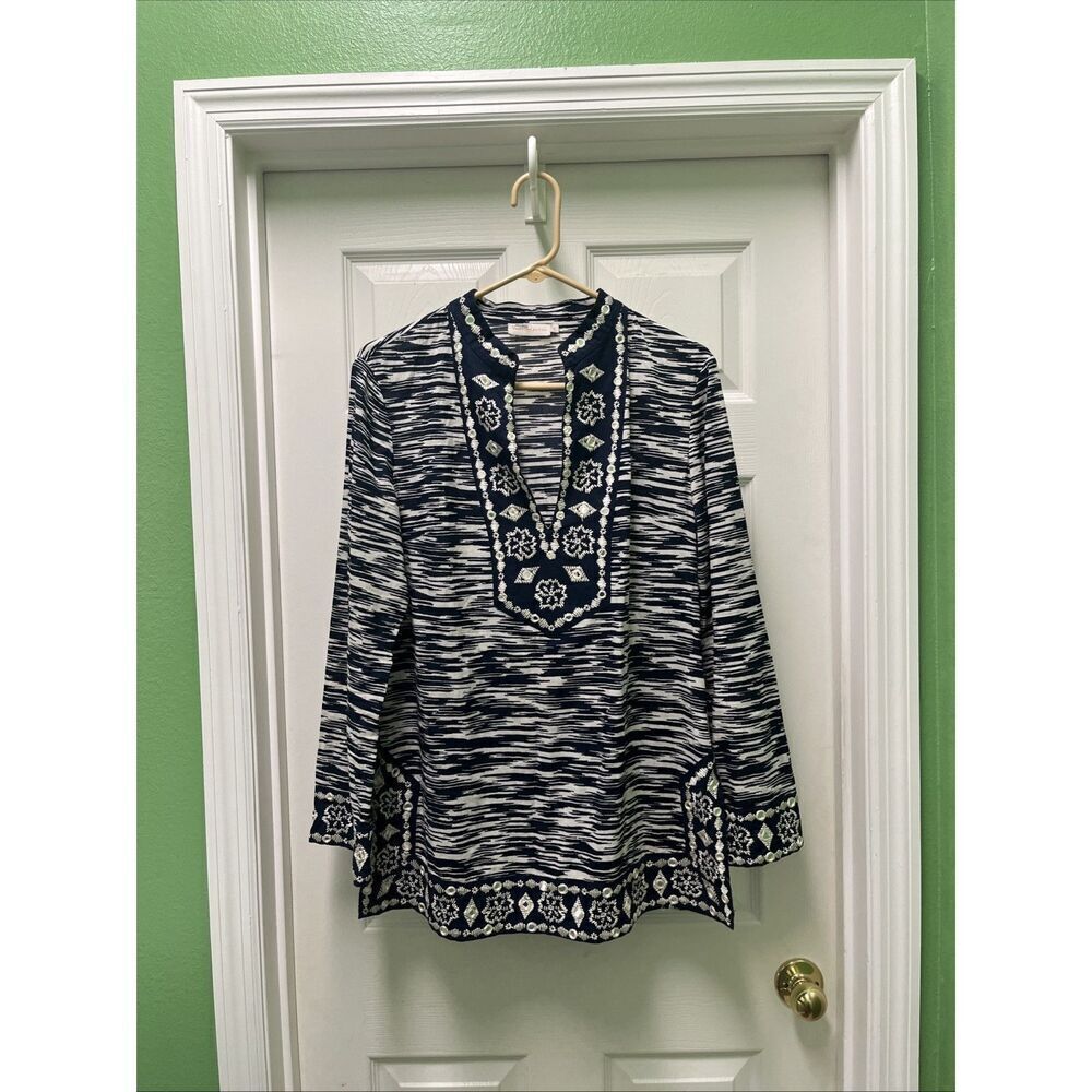 Tory Burch V-Neck Long Sleeve Mockneck Side Slit Mirror Accent Tunic Top Size 10